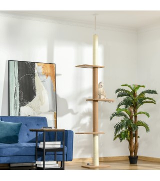 Árbol Rascador para Gatos de Suelo a Techo Torre para Gatos con Altura Ajustable 43x27x228-260 cm Marrón Claro y Beige