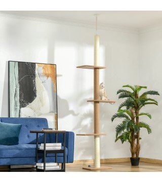Árbol Rascador para Gatos de Suelo a Techo Torre para Gatos con Altura Ajustable 43x27x228-260 cm Marrón Claro y Beige