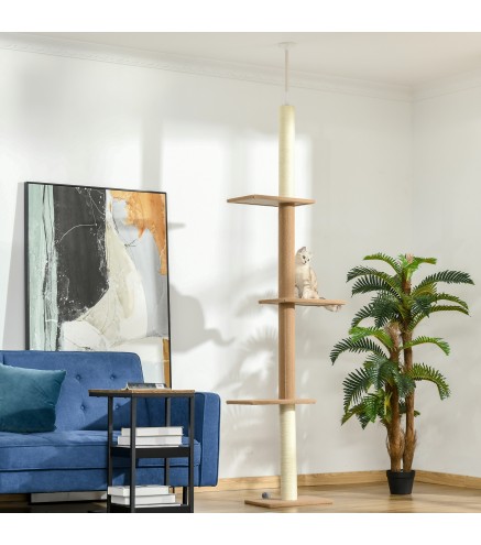 Árbol Rascador para Gatos de Suelo a Techo Torre para Gatos con Altura Ajustable 43x27x228-260 cm Marrón Claro y Beige