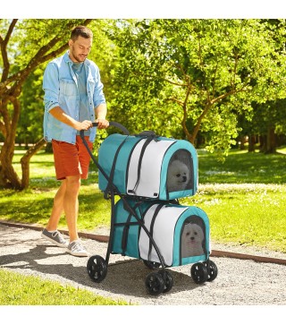 Cochecito Doble para Perros Gatos Plegable con 2 Transportines Extraíbles con Cinturón y Cojines 66x50x98cm Verde y Gris