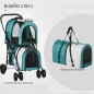 Cochecito Doble para Perros Gatos Plegable con 2 Transportines Extraíbles con Cinturón y Cojines 66x50x98cm Verde y Gris