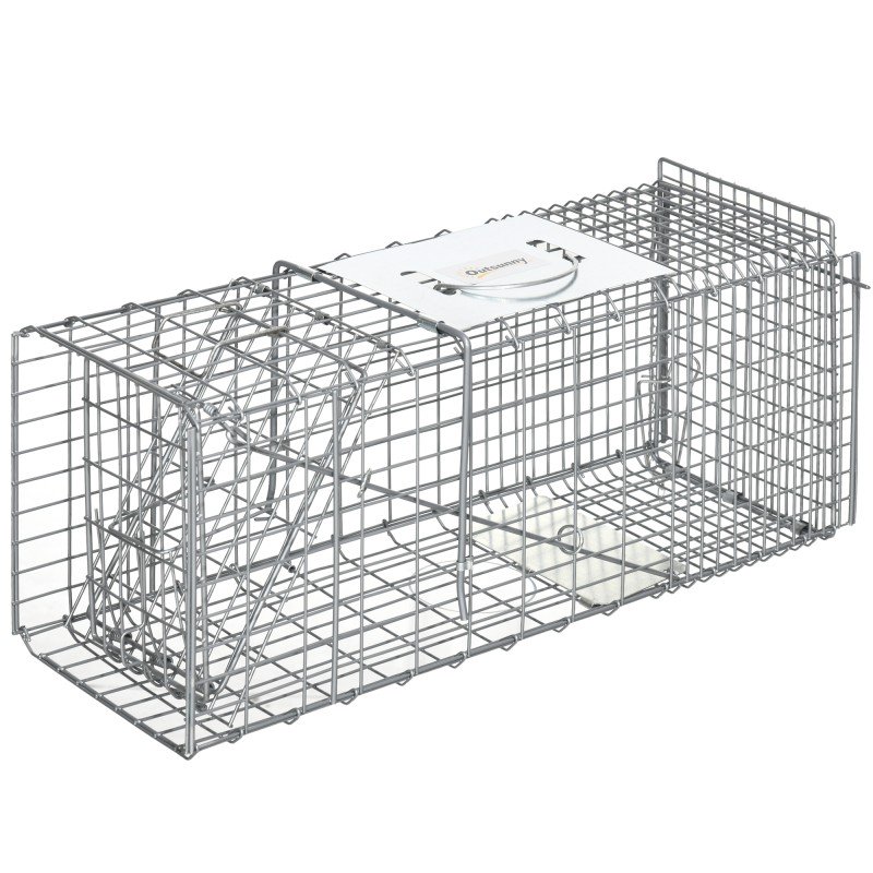 Trampa para Animales Vivos Plegable 66x24x30,5 cm Jaula de Captura de Alambre con Puerta y Asa para Conejos Plata