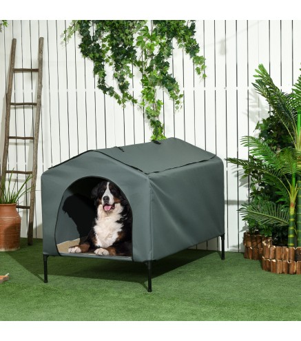Caseta para Perros con Cubierta Exterior 130x85x95 cm Cama Elevada para Mascotas con Cojín para Perros Grandes Gris