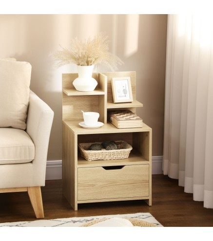 Mesita de Noche Mesilla de Noche Moderna con Cajón y Estantes de Almacenamiento para Salón Dormitorio 45x35x73cm Natural