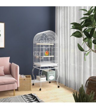 Jaula de Pájaros con Ruedas Jaula de Aves Exterior con Bandeja Extraíble Rejilla 2 Cuencos Percha 51x51x153 cm Blanco
