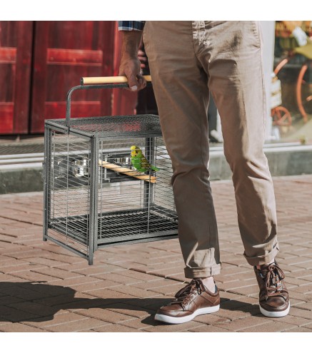 Jaula para Pájaros Portátil con 2 Perchas de Madera 2 Comederos y Bandeja Extraíble 48x38x47,8 cm Negro