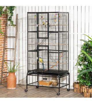 Jaula para Pájaros con Ruedas 83x53x180 cm Pajarera Metálica de 3 Niveles con 3 Perchas Comederos Juguetes Rampas Negro