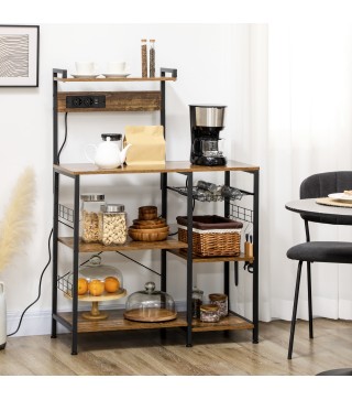 Estantería de Cocina para Microondas con Toma de Corriente Cargador USB 5 Ganchos 90x42x130 cm Marrón Rústico