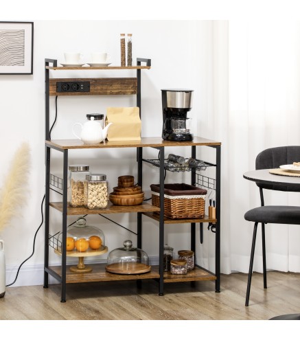 Estantería de Cocina para Microondas con Toma de Corriente Cargador USB 5 Ganchos 90x42x130 cm Marrón Rústico