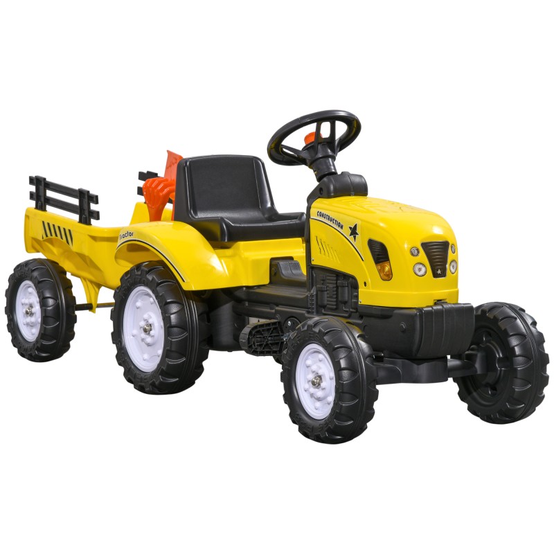 Tractor a Pedales para Niños a partir de 3 Años con Remolque y 2 Herramientas Carga 35 kg 133x42x51 cm Amarillo