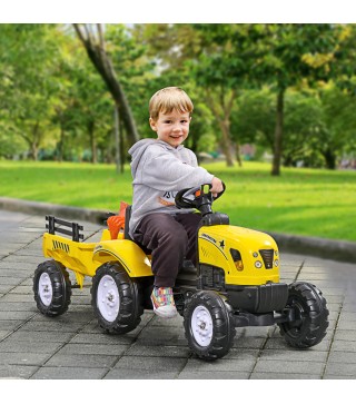 Tractor a Pedales para Niños a partir de 3 Años con Remolque y 2 Herramientas Carga 35 kg 133x42x51 cm Amarillo