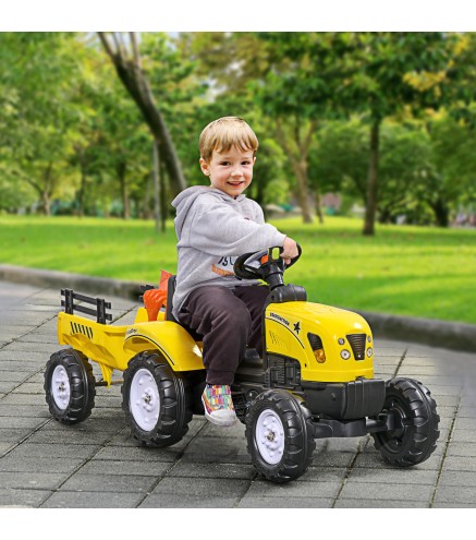 Tractor a Pedales para Niños a partir de 3 Años con Remolque y 2 Herramientas Carga 35 kg 133x42x51 cm Amarillo