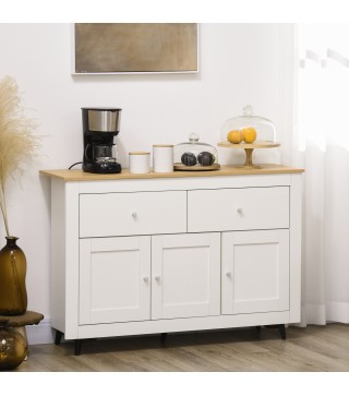 Aparador con 2 Cajones 3 Puertas Estante Ajustable Mueble Auxiliar de Cocina 117x35x80 cm Blanco