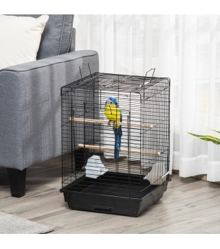 Jaula para Pájaros Jaula de Aves 40x40x59 cm con Techo Abatible 2 Perchas 2 Comederos y Bandeja Extraíble Negro