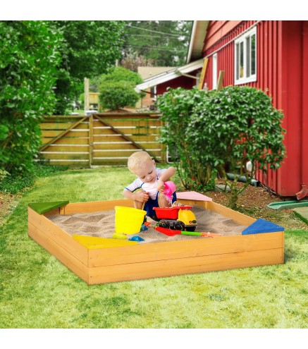 Arenero Infantil de Madera para Niños de 3-8 Años con Tela no Tejida y 4 Asientos para Jardín 109x109x19,8 cm Natural