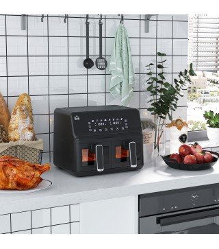 Freidora sin Aceite Doble 8L 2500W 8 Programas Pantalla LED Táctil Temperatura Ajustable 80-200℃ 38,5x38x30,5 cm Negro