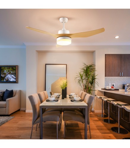 Ventilador de Techo Motor DC 20,5W Diámetro 132 cm Mando a Distancia Luz LED Ajustable de 3 Niveles 3 Aspas Reversibles