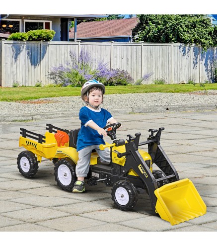 Tractor a Pedales para Niños de 3 Años Excavadora Infantil con Remolque Extraíble y Pala Delantera 167x41x52 cm Amarillo