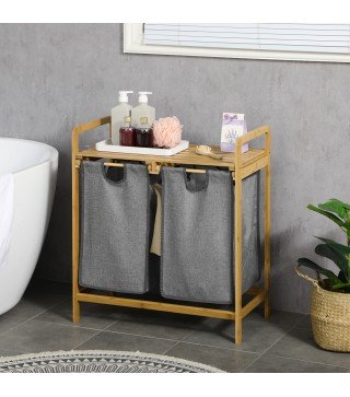 Cesto de Ropa Sucia de Bambú Cesto para la Colada con 2 Bolsas Extraíbles y Estante para Baño 63,5x33x73 cm Natural y Gris
