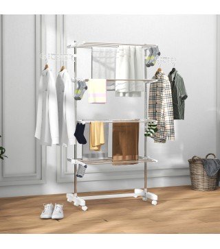 Tendedero de Ropa Plegable 80x55x172 cm con 6 Ruedas y 4 Estantes con Altura Regulable de Acero Inoxidable Plateado