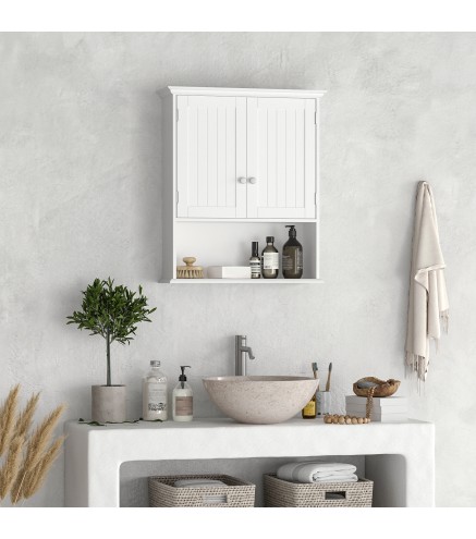 Armario Baño de Pared con 2 Puertas Estante Interior Ajustable y Compartimento Abierto Mueble Auxiliar Suspendido Multiu