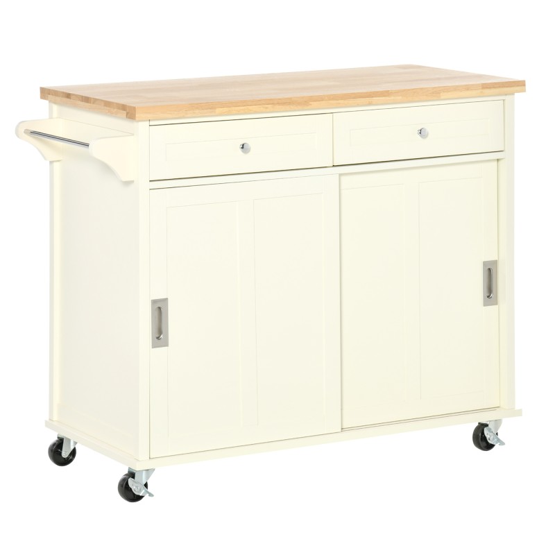 Carrito de Cocina Multifuncional con Ruedas 2 Puertas Correderas 2 Cajones y Barra de Colgar 110x49,5x89,5 cm Crema Carrito de Cocina Multifuncional con Ruedas 2 Puertas Correderas 2 Cajones y Barra de Colgar 110x49,5x89,5 cm Crema