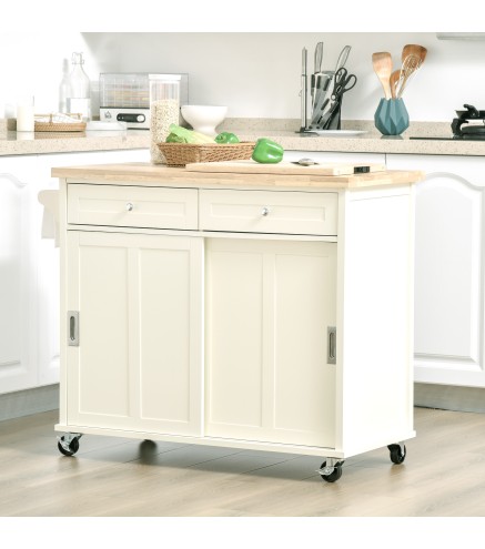 Carrito de Cocina Multifuncional con Ruedas 2 Puertas Correderas 2 Cajones y Barra de Colgar 110x49,5x89,5 cm Crema
