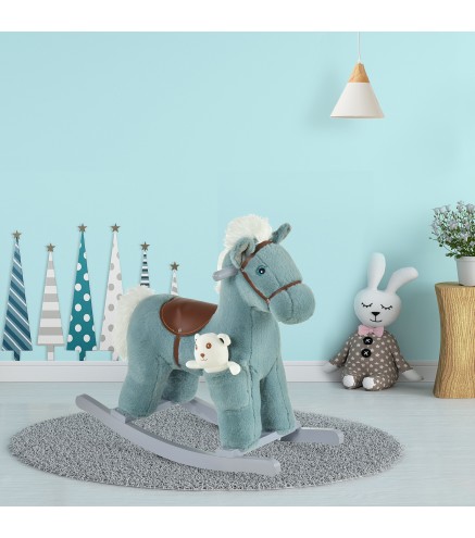 Caballito Balancín para Niños 18-36 Meses Caballo Mecedora Felpa con Osito de Peluche Sonidos de Relincho y Galope Base de Mader