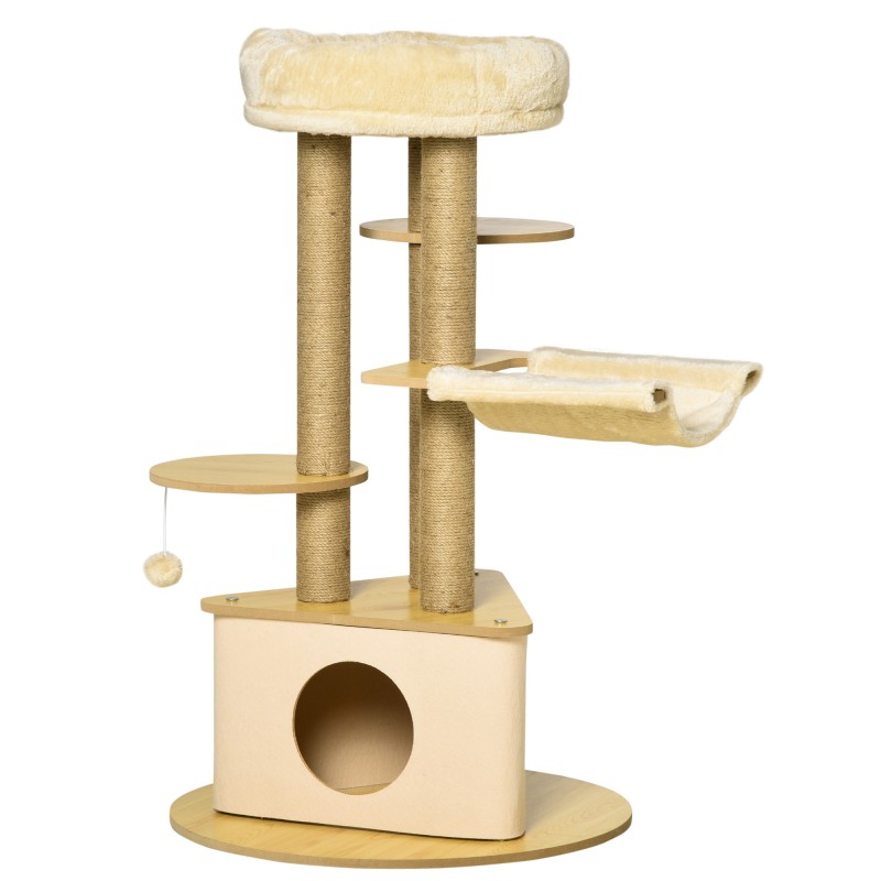 Árbol Rascador para Gatos Ø60x99 cm con Cueva Triangular de Fieltro Extraíble Hamaca Cama Lavable Postes Rascador de Yute Plataf