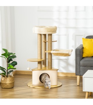 Árbol Rascador para Gatos Ø60x99 cm con Cueva Triangular de Fieltro Extraíble Hamaca Cama Lavable Postes Rascador de Yute Plataf