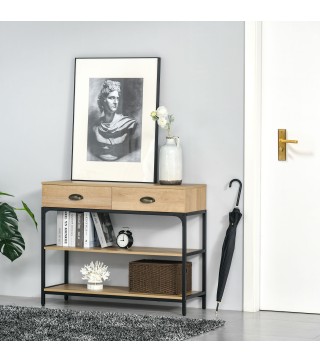 Mesa de Entrada con 2 Cajones y 2 Estantes de Almacenamiento Marco de Acero 100x35x79,2 cm Roble