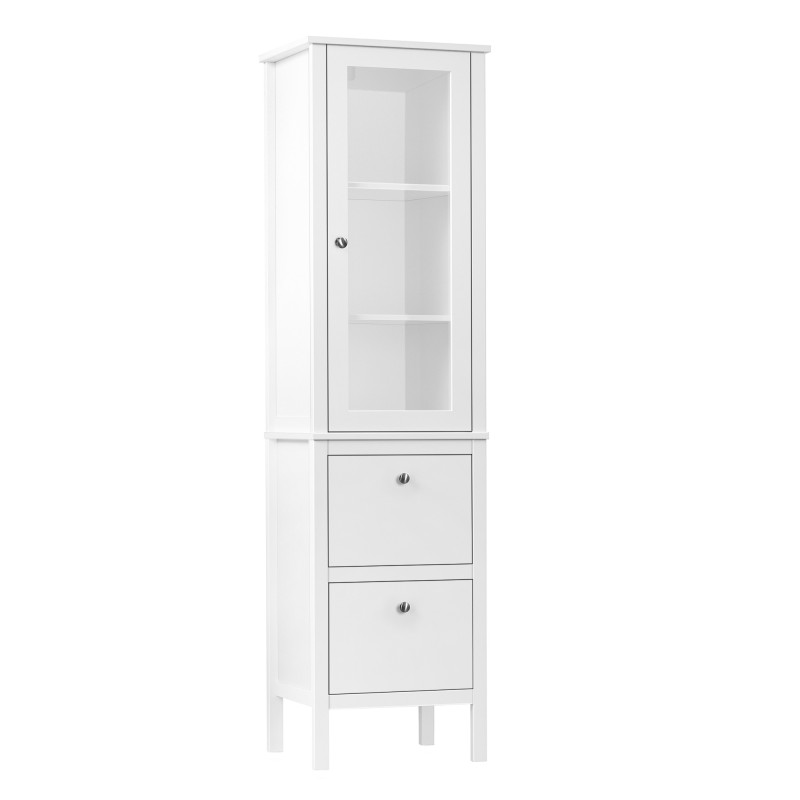 Armario Alto para Baño Mueble Columna de Baño con Puerta de Cristal Estantes Ajustables y 2 Cajones 43x35x160 cm Blanco