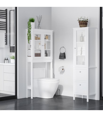 Armario Alto para Baño Mueble Columna de Baño con Puerta de Cristal Estantes Ajustables y 2 Cajones 43x35x160 cm Blanco