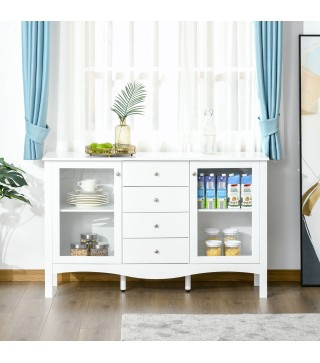 Aparador de Cocina Armario Buffet con 2 Puertas de Vidrio Estante Ajustable Interior y 4 Cajones Mueble Auxiliar para Comedor Sa