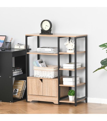 Estantería para Libros con Múltiples Estantes Abiertos y Doble Puerta Librería con Marco de Metal 80x35x97 cm Natural