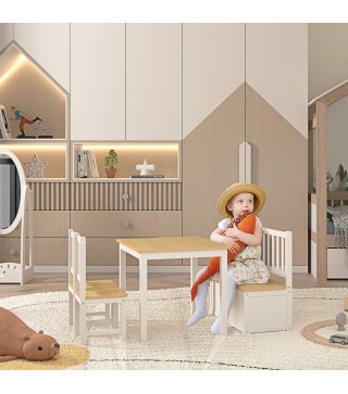 Mesa y Sillas Infantiles de 4 Piezas Mesa Infantil con 2 Sillas y Banco con Almacenaje Juego de Muebles para Actividades para Ni