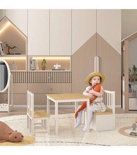 Mesa y Sillas Infantiles de 4 Piezas Mesa Infantil con 2 Sillas y Banco con Almacenaje Juego de Muebles para Actividades para Ni