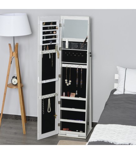 Espejo Joyero de Pie Armario Joyero con Luces LED y Cerradura Armario de Joyas con Espejo Integrada para Dormitorio Blanco con V