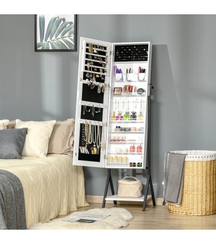 Espejo Joyero de Pie Cuerpo Entero Ajustable en Ángulo Armario de Joyería con Estante Inferior Cerradura Magnética Ranur