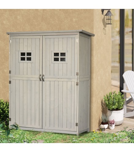 Armario de Madera para Exterior para Herramientas de Jardinería con Doble Puerta y Estantes 127,5x50x164 cm Gris
