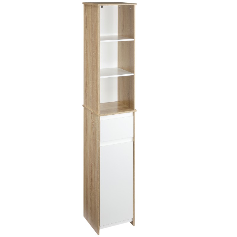 Armario Alto de Baño Mueble Columna de Baño con 1 Puerta Cajón y 3 Estantes Balda Ajustable para Cocina Salón 32,6x30x17