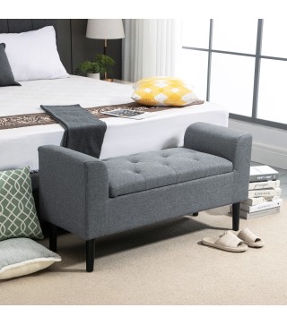 Banco Pie de Cama Acolchado con Espacio de Almacenaje Banqueta Multifuncional con Brazos Tapa Abatible y Patas de Madera