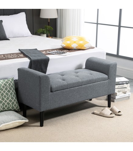 Banco Pie de Cama Acolchado con Espacio de Almacenaje Banqueta Multifuncional con Brazos Tapa Abatible y Patas de Madera para Do