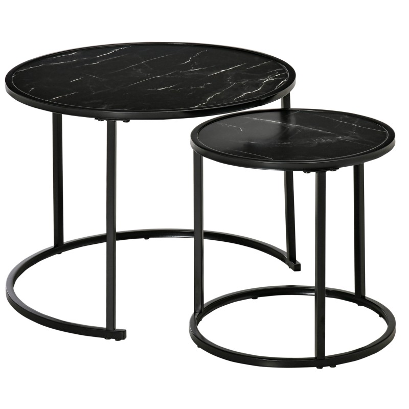 Juego de 2 Mesas Auxiliares Redondas Apilables Mesas Nidos con Encimera en Efecto de Mármol Ø60x46 cm y Ø40x40 cm Negro