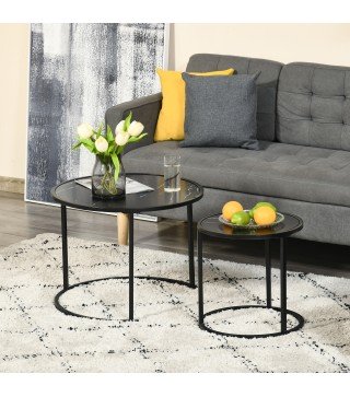 Juego de 2 Mesas Auxiliares Redondas Apilables Mesas Nidos con Encimera en Efecto de Mármol Ø60x46 cm y Ø40x40 cm Negro