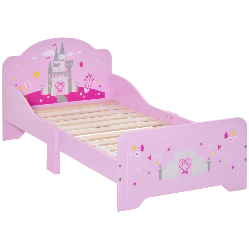 Cama para Niños de +3 Años 143x73x60 cm Cama Infantil de Madera con Estampado de Estrellas, Corazones y Castillo Carga 50 kg par