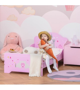 Cama para Niños de +3 Años 143x73x60 cm Cama Infantil de Madera con Estampado de Estrellas, Corazones y Castillo Carga 50 kg par