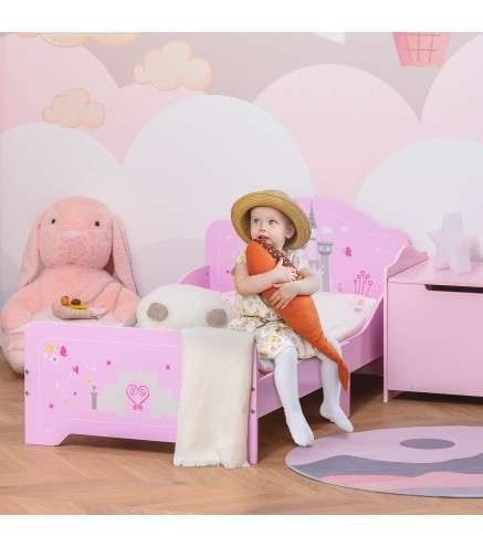 Cama para Niños de +3 Años 143x73x60 cm Cama Infantil de Madera con Estampado de Estrellas, Corazones y Castillo Carga 50 kg par