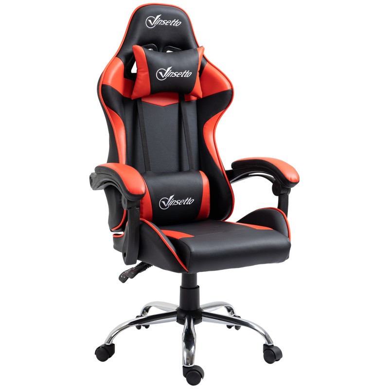 Silla Gaming Silla Racing Giratoria con Altura Ajustable Reclinable de 135° y Cojín Lumbar 63x67x122-130 cm Rojo