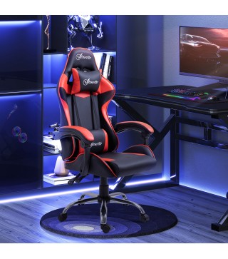 Silla Gaming Silla Racing Giratoria con Altura Ajustable Reclinable de 135° y Cojín Lumbar 63x67x122-130 cm Rojo